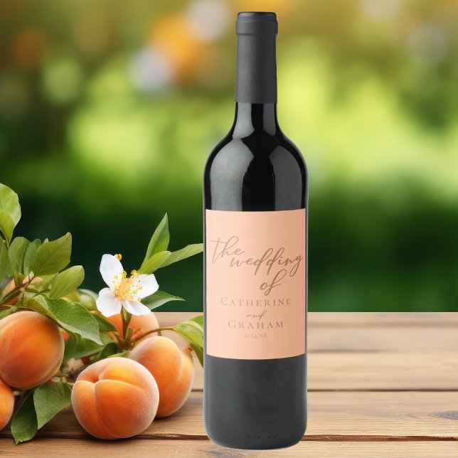 Sweet Peach Minimalist Script Summer Wedding Wine Label (Creator Uploaded)