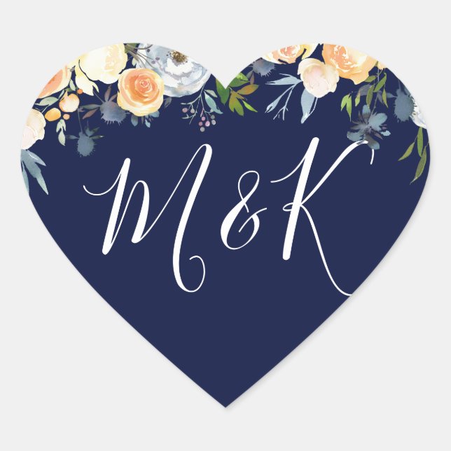 Sweet Peach & Navy Flowers Wedding Initials Favour Heart Sticker (Front)