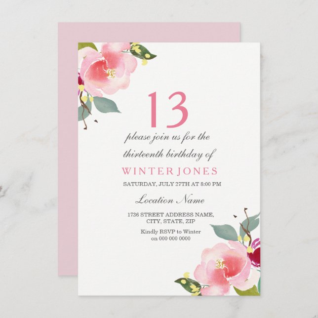 Sweet Peach Pink Flower 13th Birthday Party Invite (Front/Back)