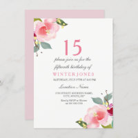 Sweet Peach Pink Flower 15th Birthday party invite