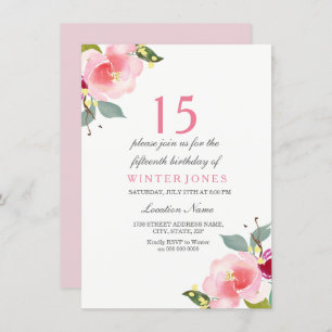 Sweet Peach Pink Flower 15th Birthday party invite