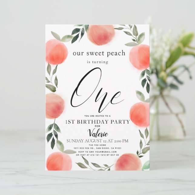 Sweet Peach Watercolor 1st Birthday Invitation (Standing Front)