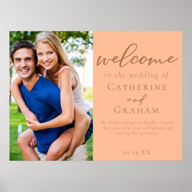 Sweet Peach Wedding Couple Photo Welcome Poster (Front)