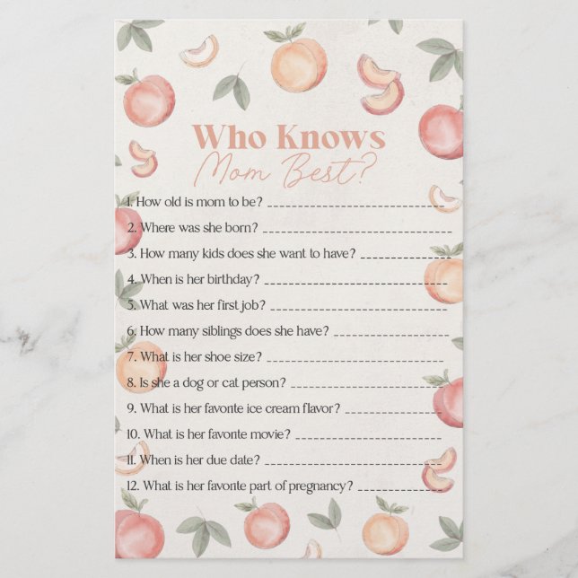 sweet peach who knows mum best baby shower game (Front)