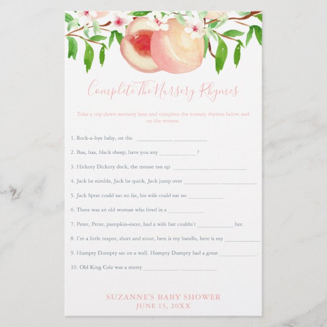 Sweet Peaches Baby Shower Nursery Rhymes Game Card (Front)