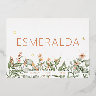 Sweet peachy floral Foil  birth Announcement