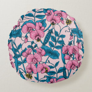 Sweet peas and bumblebees 2 round cushion