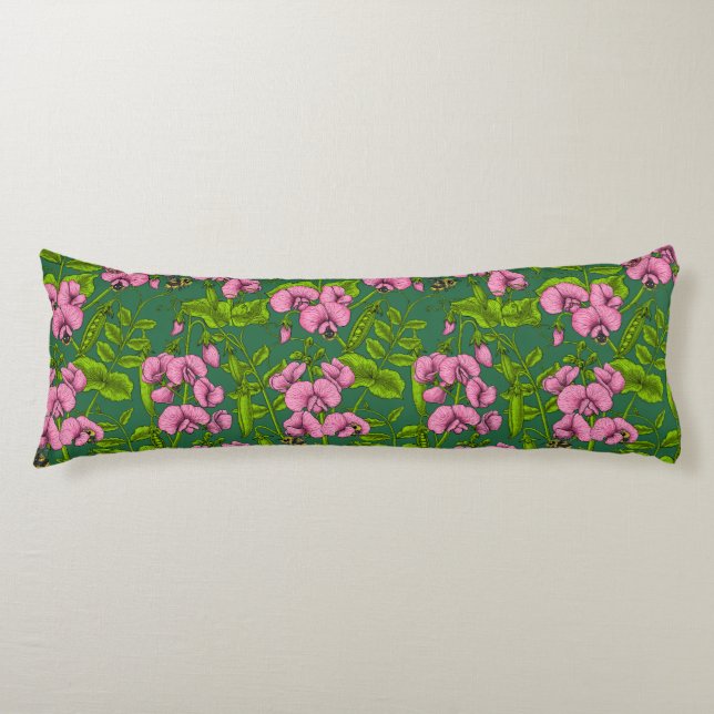 Sweet peas and bumblebees, green and pink body cushion (Front)