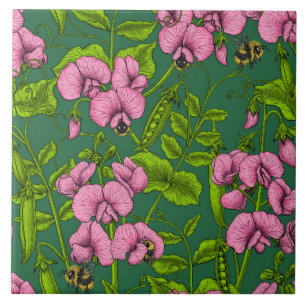 Sweet peas and bumblebees, green and pink ceramic tile