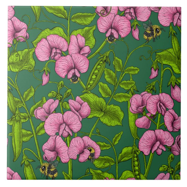 Sweet peas and bumblebees, green and pink ceramic tile (Front)