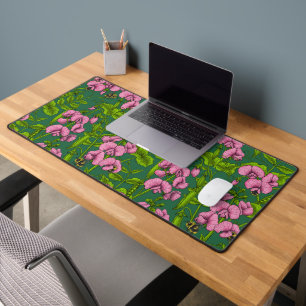 Sweet peas and bumblebees, green and pink desk mat