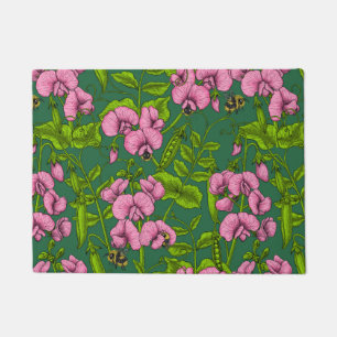 Sweet peas and bumblebees, green and pink doormat