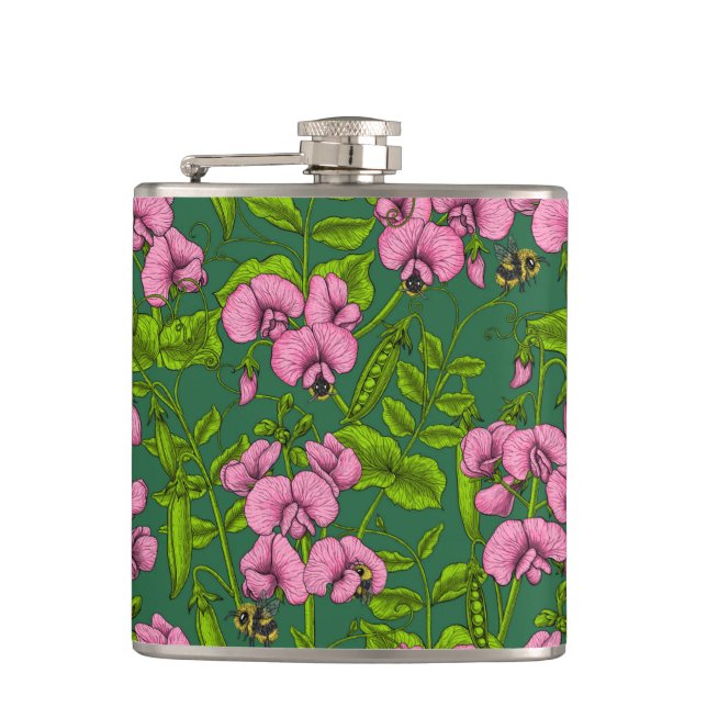 Sweet peas and bumblebees, green and pink hip flask (Front)