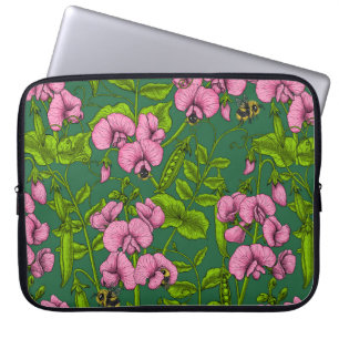Sweet peas and bumblebees, green and pink laptop sleeve