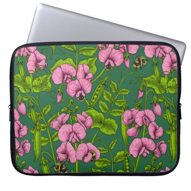 Sweet peas and bumblebees, green and pink laptop sleeve (Front)