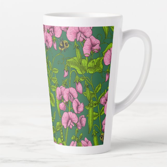 Sweet peas and bumblebees, green and pink latte mug (Right)