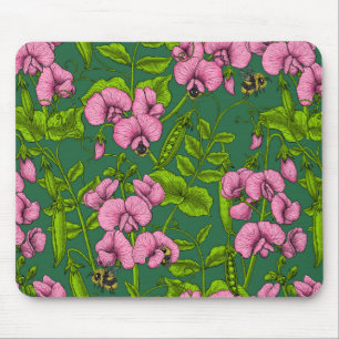 Sweet peas and bumblebees, green and pink mouse pad