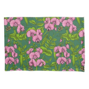 Sweet peas and bumblebees, green and pink pillowcase