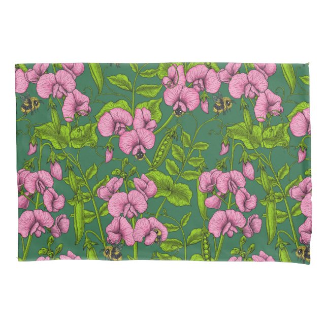 Sweet peas and bumblebees, green and pink pillowcase (Front-Left)