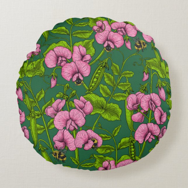 Sweet peas and bumblebees, green and pink round cushion (Front)
