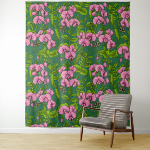Sweet peas and bumblebees, green and pink tapestry
