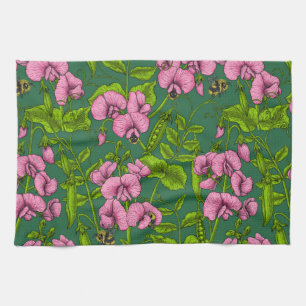 Sweet peas and bumblebees, green and pink tea towel