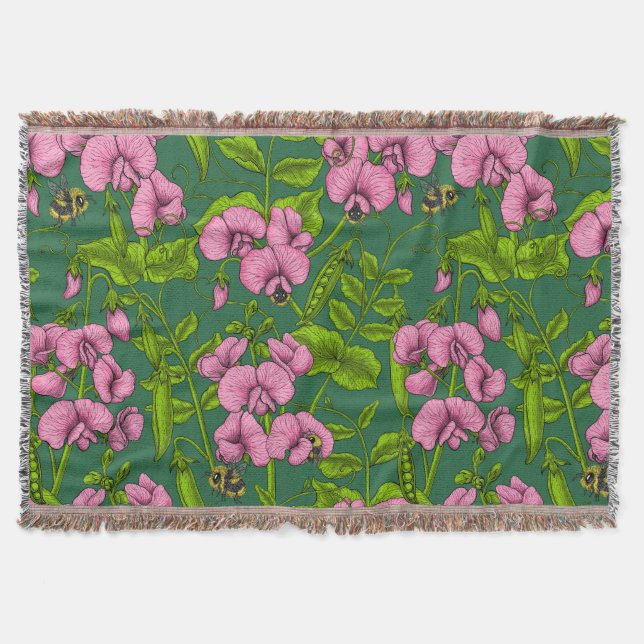 Sweet peas and bumblebees, green and pink throw blanket (Front)