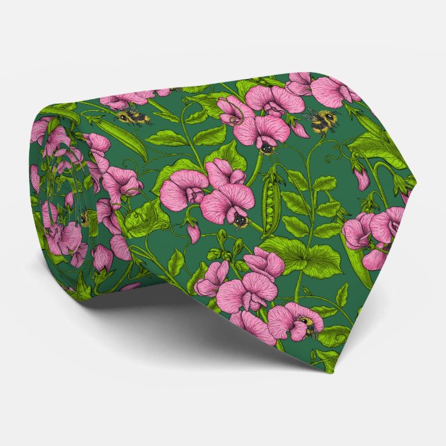 Sweet peas and bumblebees, green and pink tie (Rolled)