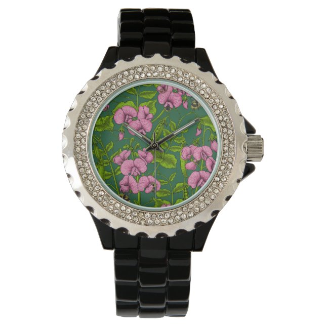 Sweet peas and bumblebees, green and pink watch (Front)