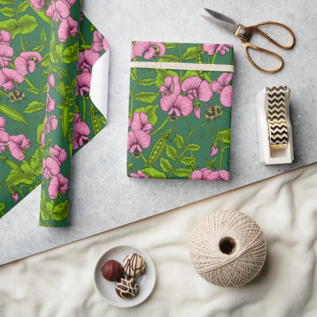 Sweet peas and bumblebees, green and pink wrapping paper (Crafts)