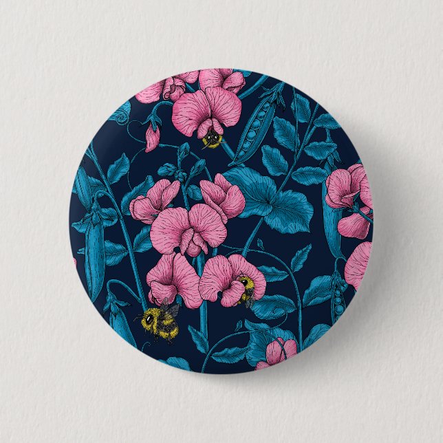 Sweet peas and bumblebees, pink and blue 6 cm round badge (Front)