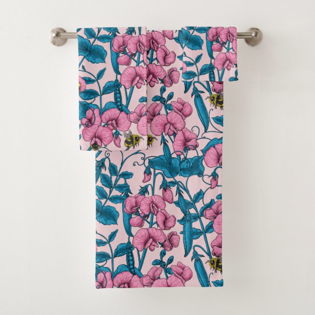 Sweet peas and bumblebees, pink and blue bath towel set (Insitu)