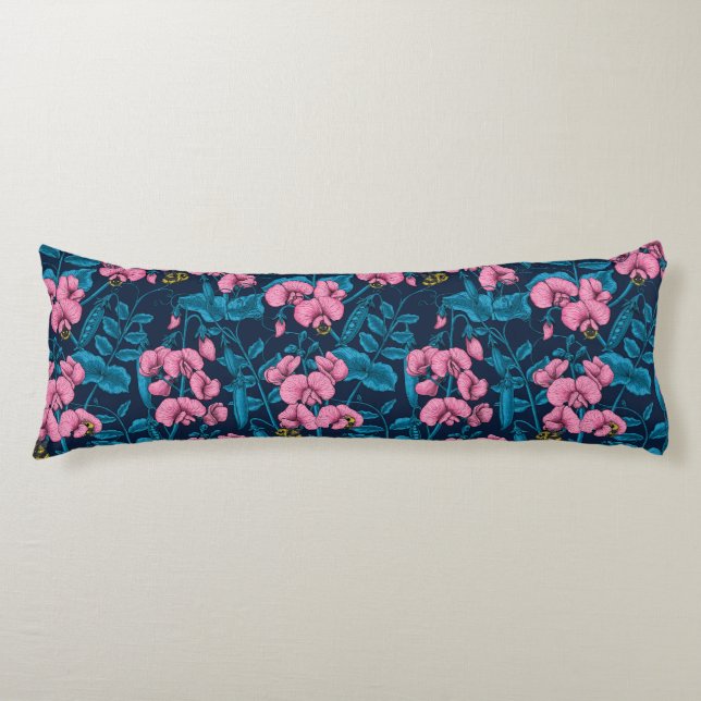 Sweet peas and bumblebees, pink and blue body cushion (Front)