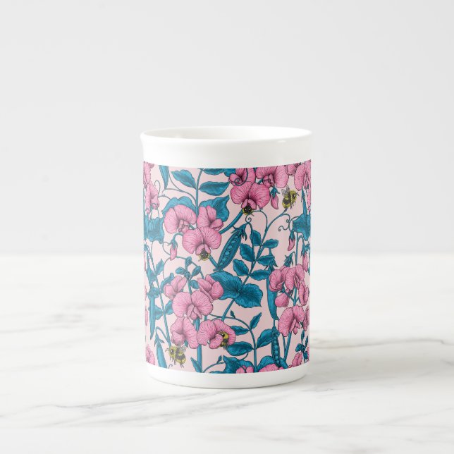 Sweet peas and bumblebees, pink and blue bone china mug (Front)