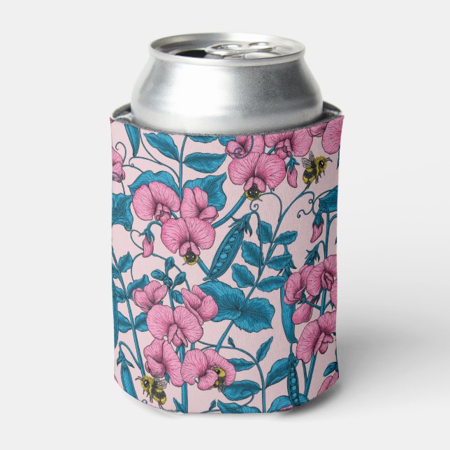 Sweet peas and bumblebees, pink and blue can cooler (Can Front)