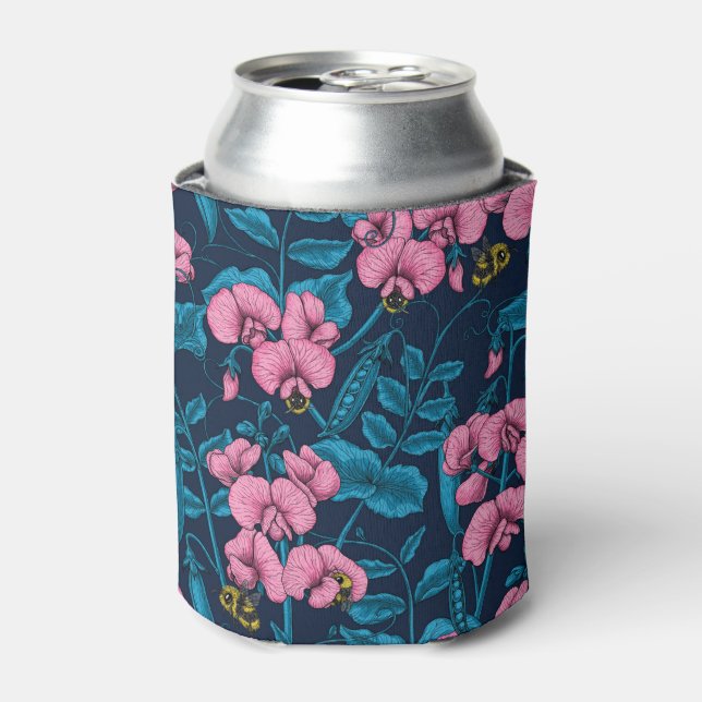 Sweet peas and bumblebees, pink and blue can cooler (Can Front)