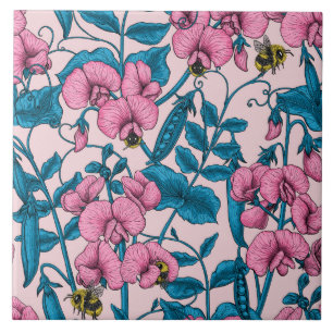 Sweet peas and bumblebees, pink and blue ceramic tile