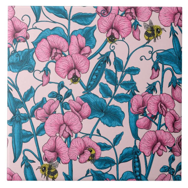 Sweet peas and bumblebees, pink and blue ceramic tile (Front)