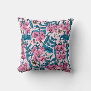 Sweet peas and bumblebees, pink and blue cushion
