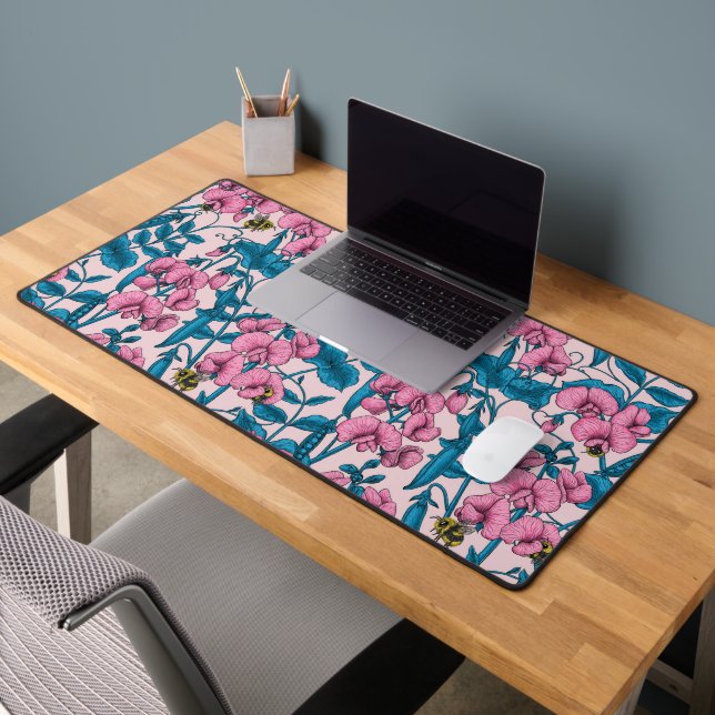 Sweet peas and bumblebees, pink and blue desk mat (Office 2)
