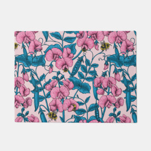 Sweet peas and bumblebees, pink and blue doormat