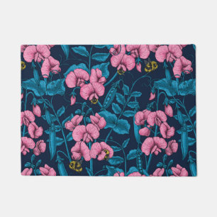 Sweet peas and bumblebees, pink and blue doormat