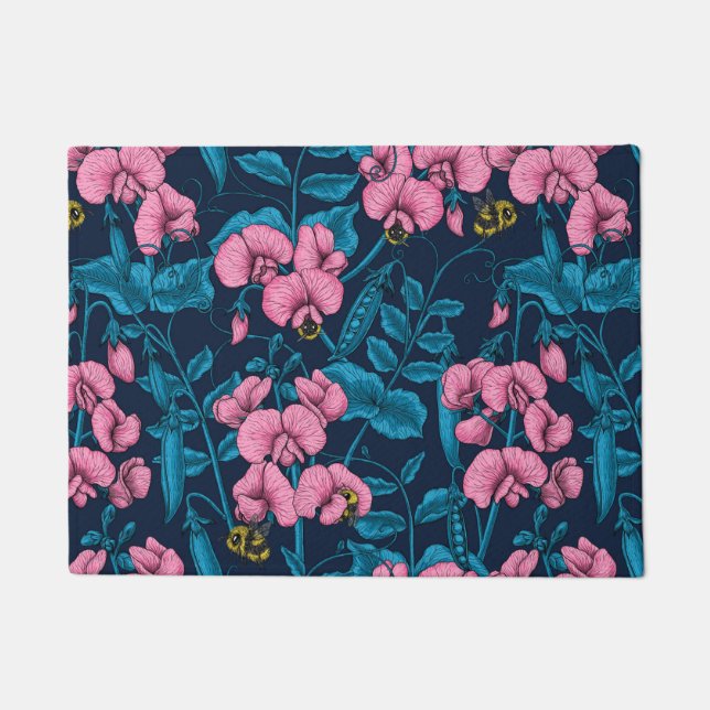 Sweet peas and bumblebees, pink and blue doormat (Front)