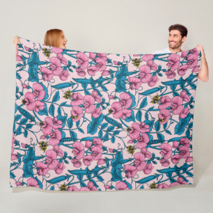 Sweet peas and bumblebees, pink and blue fleece blanket