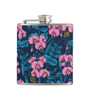 Sweet peas and bumblebees, pink and blue hip flask