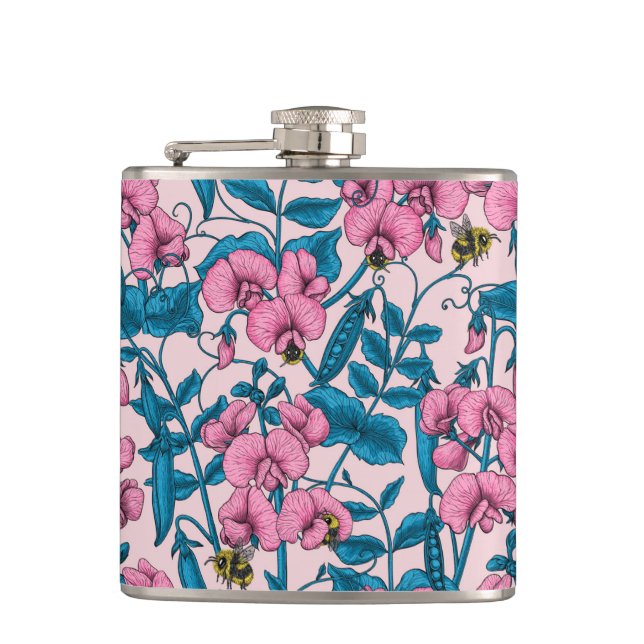 Sweet peas and bumblebees, pink and blue hip flask (Front)