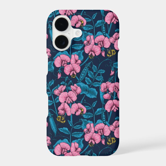 Sweet peas and bumblebees, pink and blue iPhone case (Back)