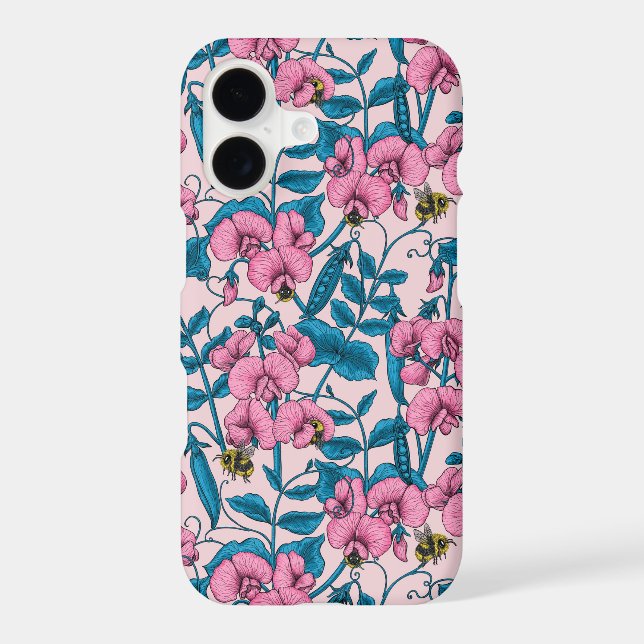 Sweet peas and bumblebees, pink and blue iPhone case (Back)