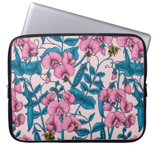 Sweet peas and bumblebees, pink and blue laptop sleeve