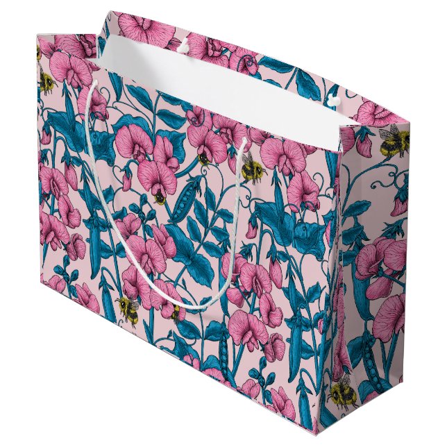 Sweet peas and bumblebees, pink and blue large gift bag (Back Angled)